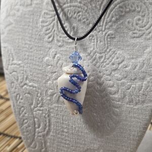 Blue Beaded Shell Pendant Necklace